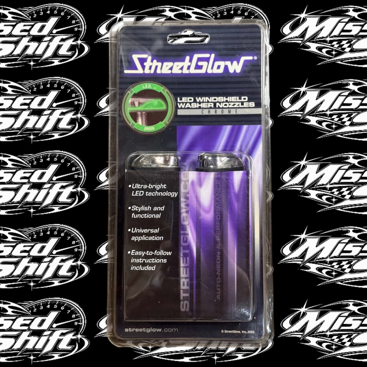 StreetGlow green LED chrome windshield washer nozzles in original packaging on Missed Shift logo background