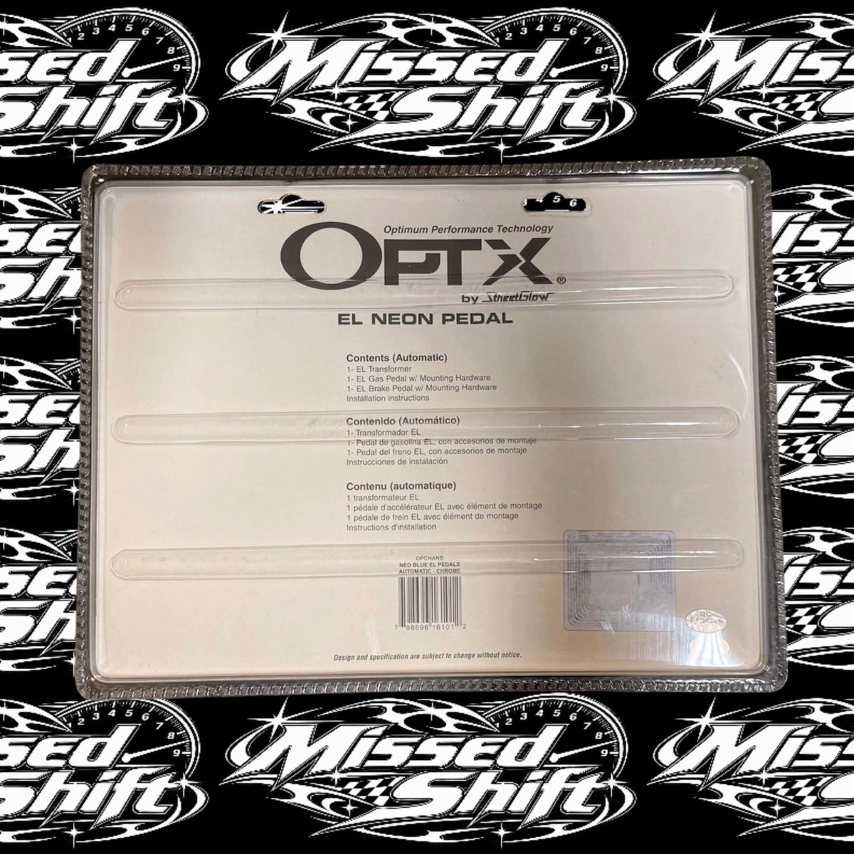 Back of OPTX by StreetGlow Neo Blue automatic EL neon pedal package on Missed Shift background
