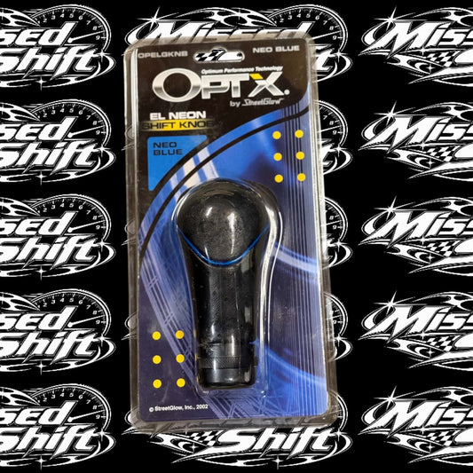 Front of OPTX by StreetGlow Neo-Blue EL neon shift knob package on repeating Missed Shift logo background
