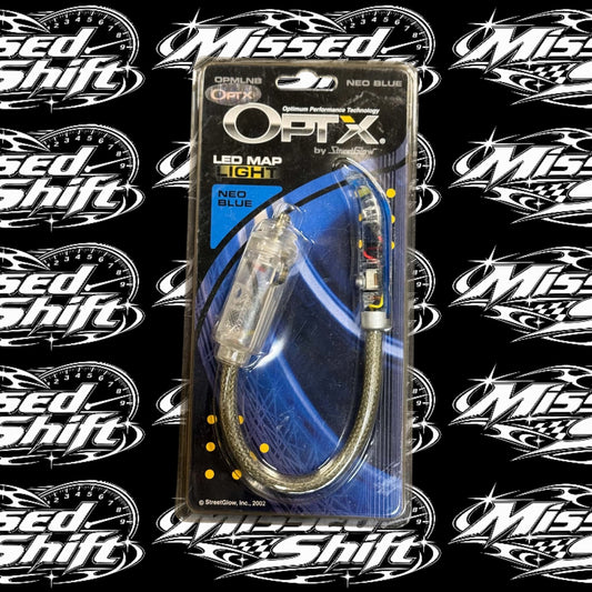 Front of OPTX by StreetGlow Neo Blue LED map light package on repeating Missed Shift logo background
