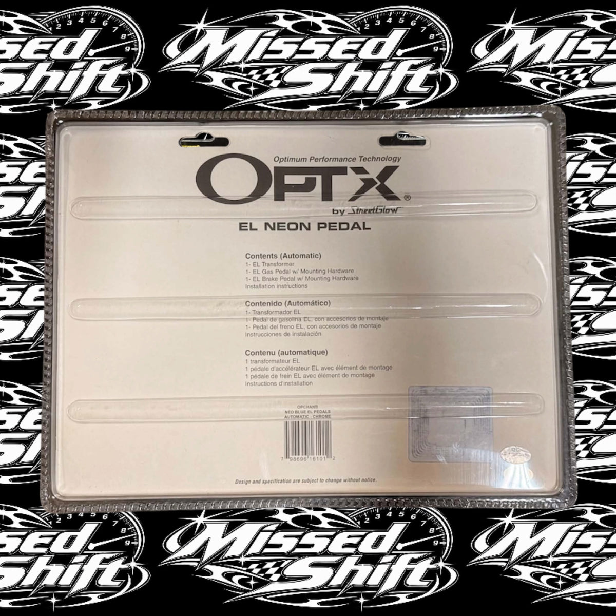 Back of sealed OPTX EL neon pedal package with Missed Shift logo background