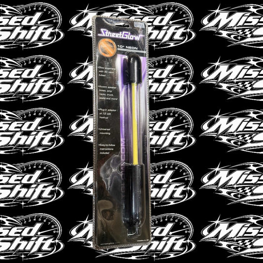 StreetGlow 10 inch orange neon tube front packaging on repeating Missed Shift logo background
