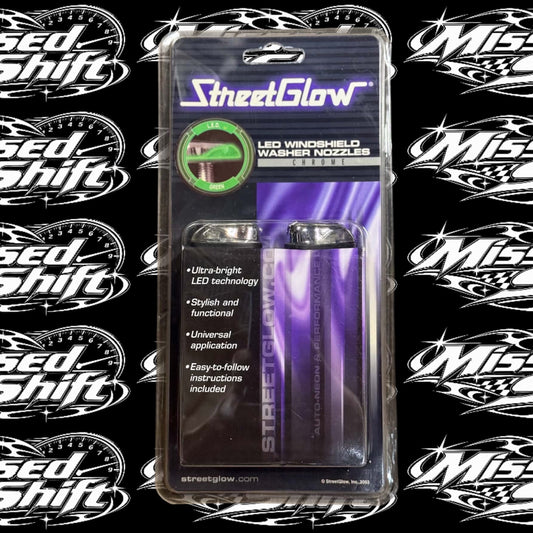 StreetGlow green LED chrome windshield washer nozzles in original packaging on Missed Shift logo background