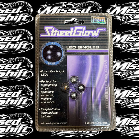StreetGlow Neo Blue LED Singles four LED lights in original 2003 packaging on Missed Shift logo background