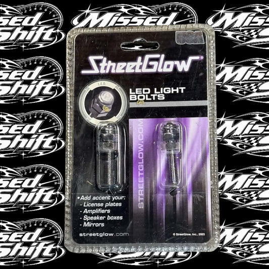StreetGlow white LED light bolts in original 2003 package on Missed Shift logo background